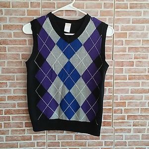 Vest has purple , blue, grey, and black